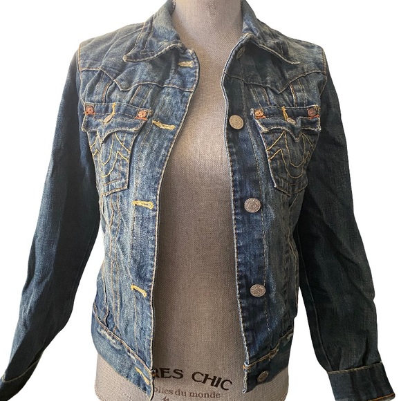 Vintage True Religion Jimmy Fitted denim jean jacket distressed Women’s Small - Picture 2 of 4